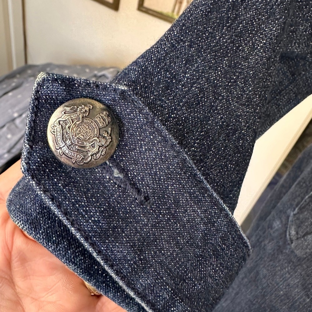 Ralph Lauren Denim Car Coat SZ10 Indigo Blue silver Crest Buttons Military Style - Picture 8 of 16